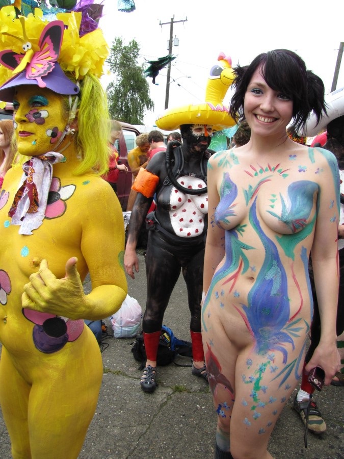 Nude body paint in public